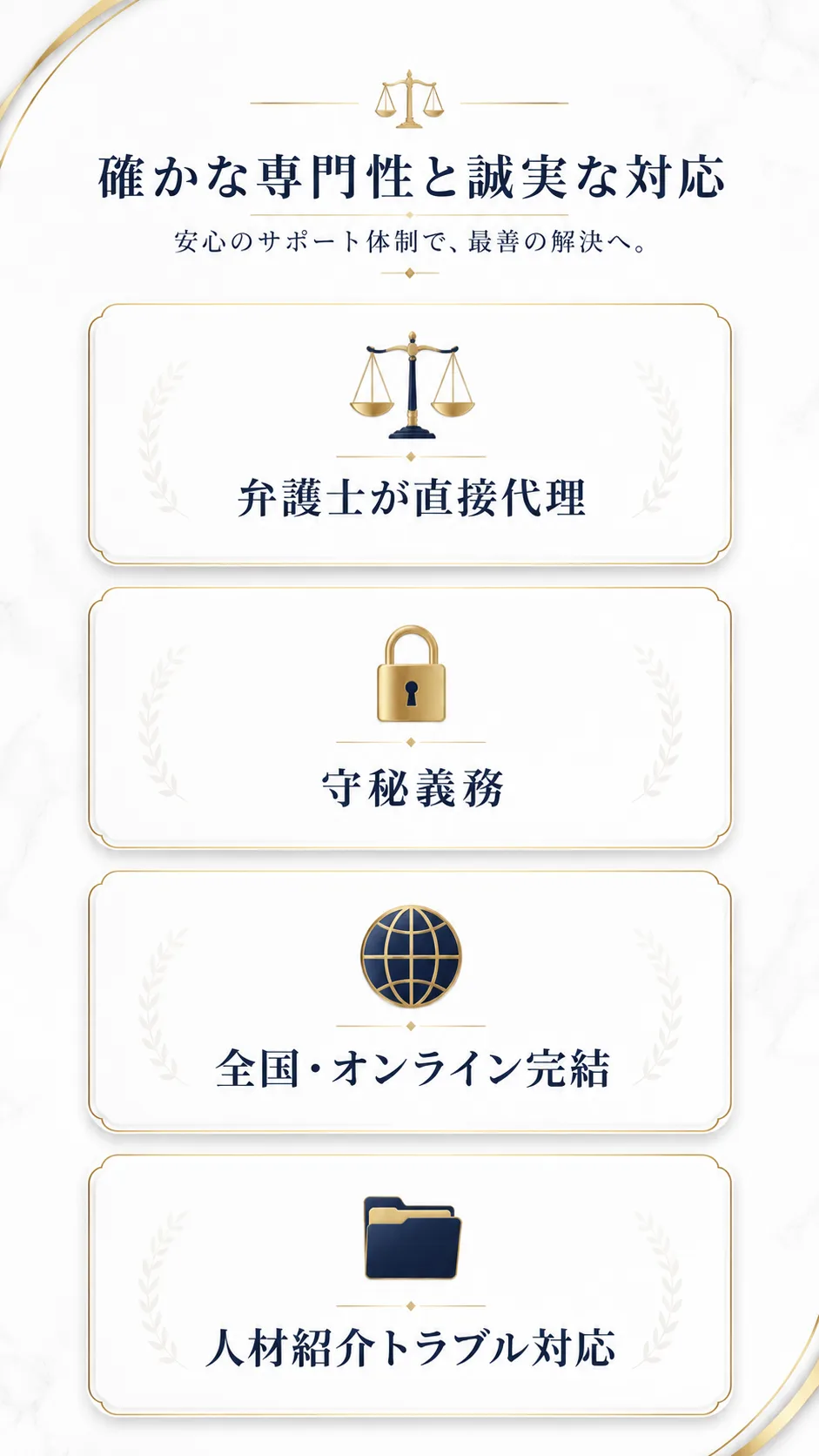 確かな専門性と誠実な対応:弁護士が直接代理/守秘義務/全国・オンライン完結/人材紹介トラブル対応